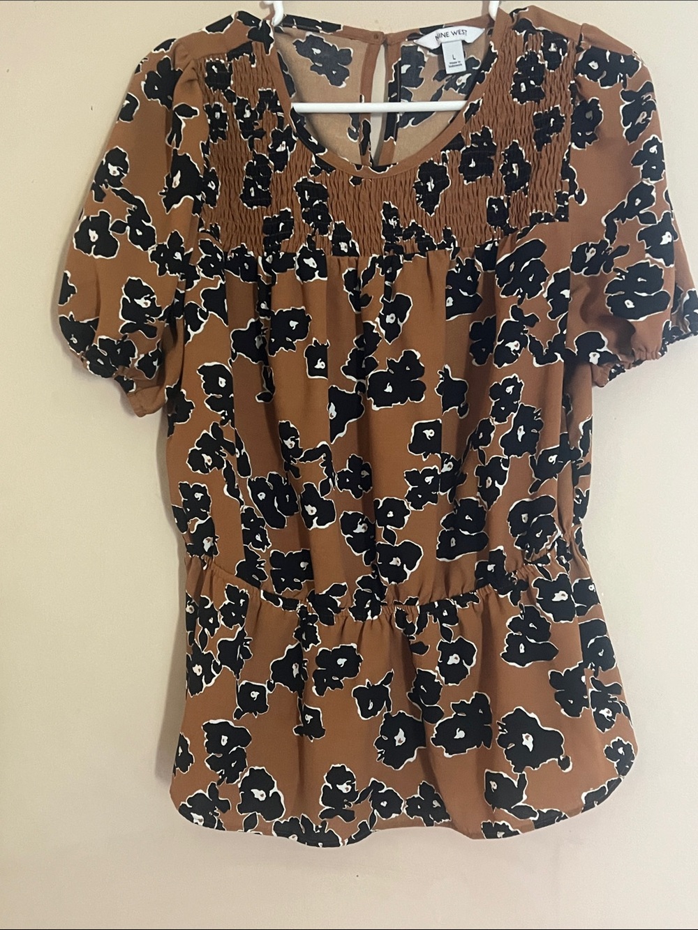 Nine West Brown Floral Smocked Peplum Tunic